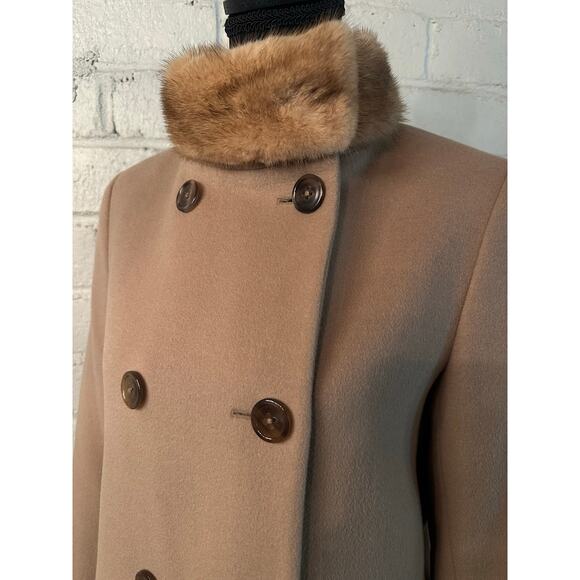 Vintage Jil Sander Wool Coat size DE 36 Camel w/ Fur Collar Double Breasted - Picture 3 of 10